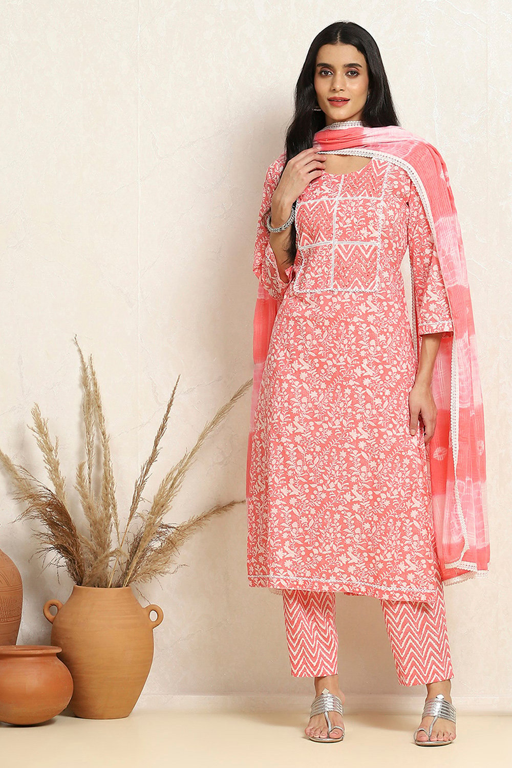 Grey Cotton Floral Printed Unstitched Suit Set image number 1