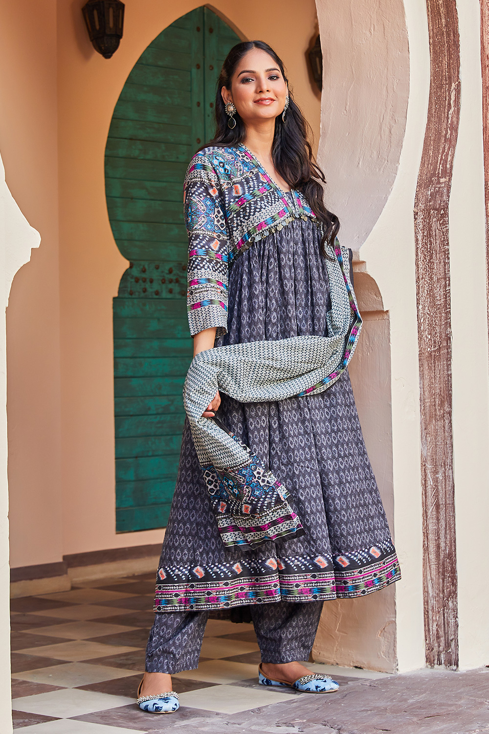 Charcoal Cotton Anarkali Printed Kurta Relaxed Salwar Suit Set Biba India