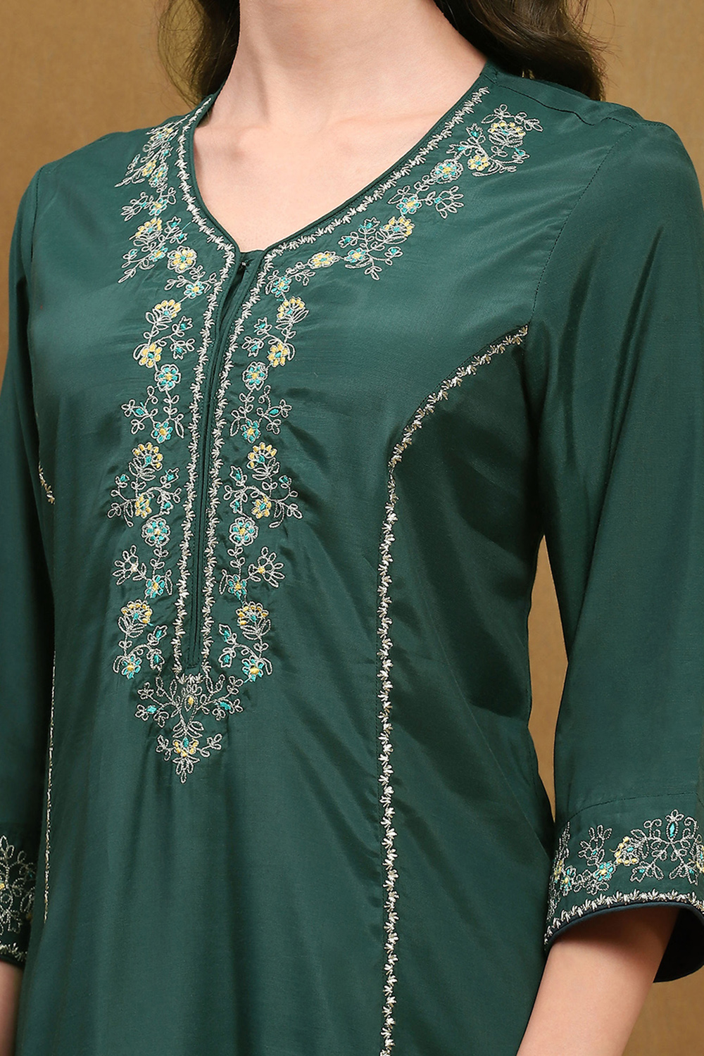 Green Modal Embroidered Festive Kalidar Suit Set image number 1