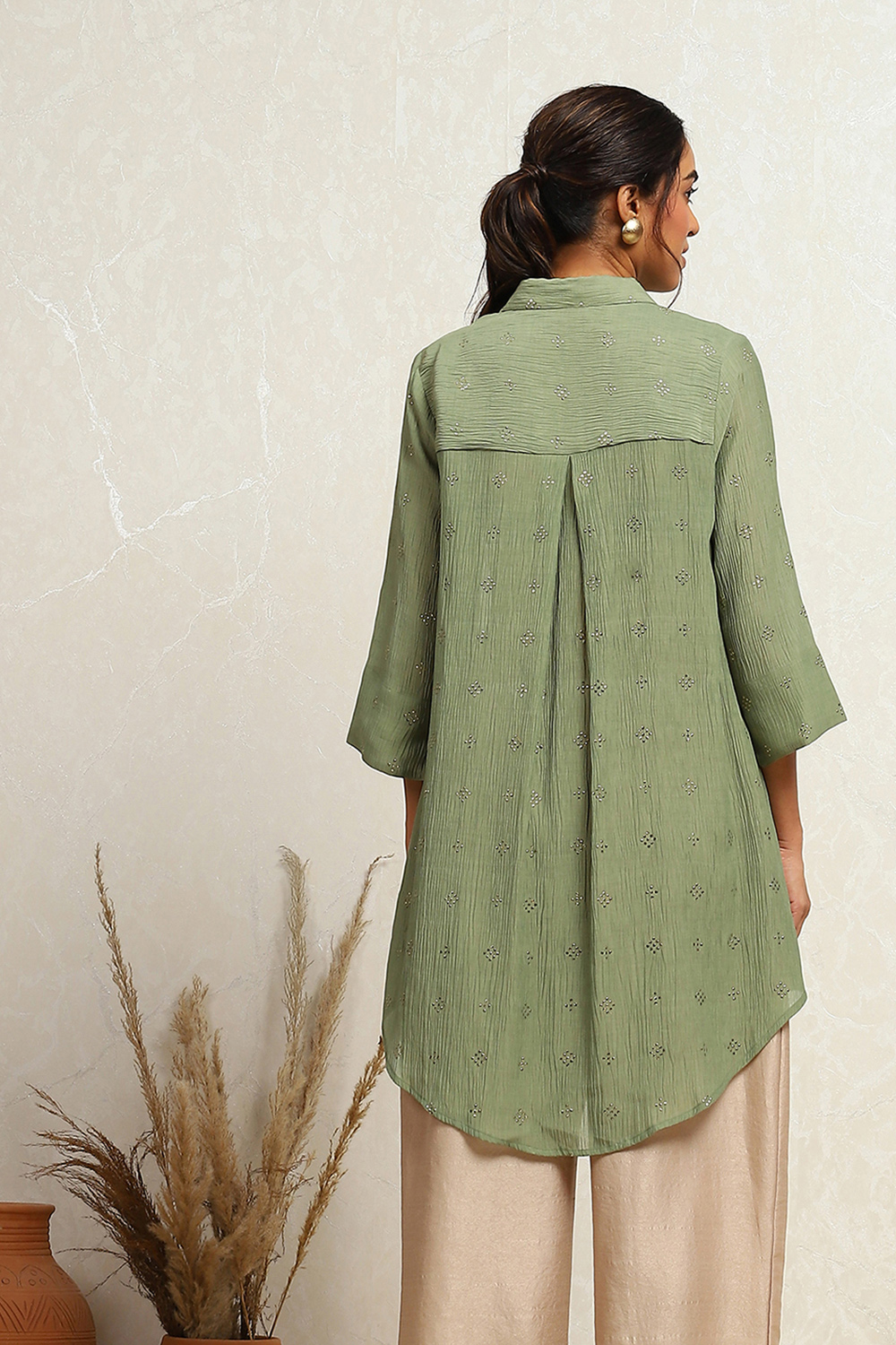 Sage Green Straight Shirt-Style Kurti image number 3