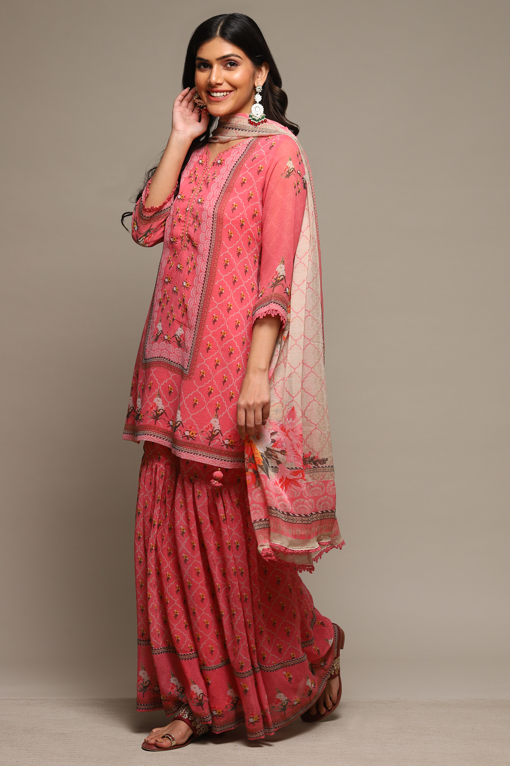 Coral Pink Cotton Blend Straight Kurta Garara Suit Set image number 5