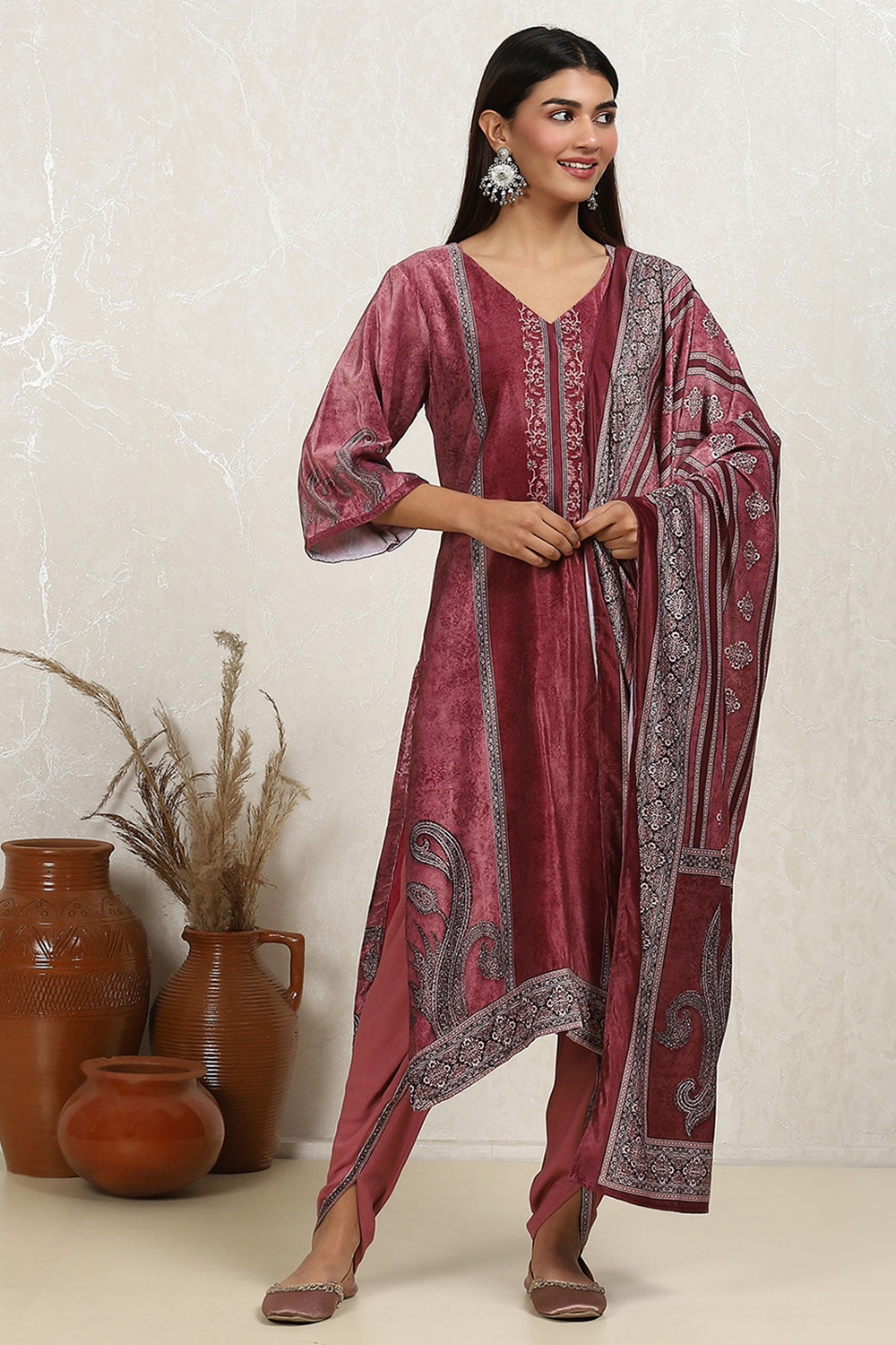 Brown Velvet Digital Print Unstitched Suit Set image number 1