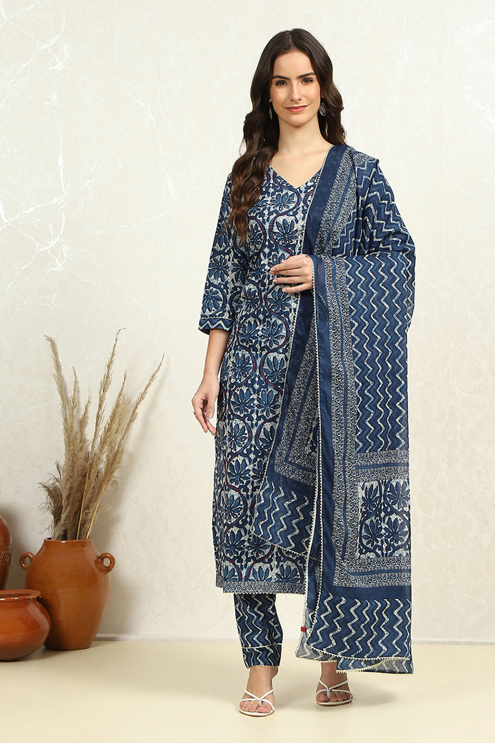 Indigo Cotton Floral-Dyed Unstitched Suit Set image number 7