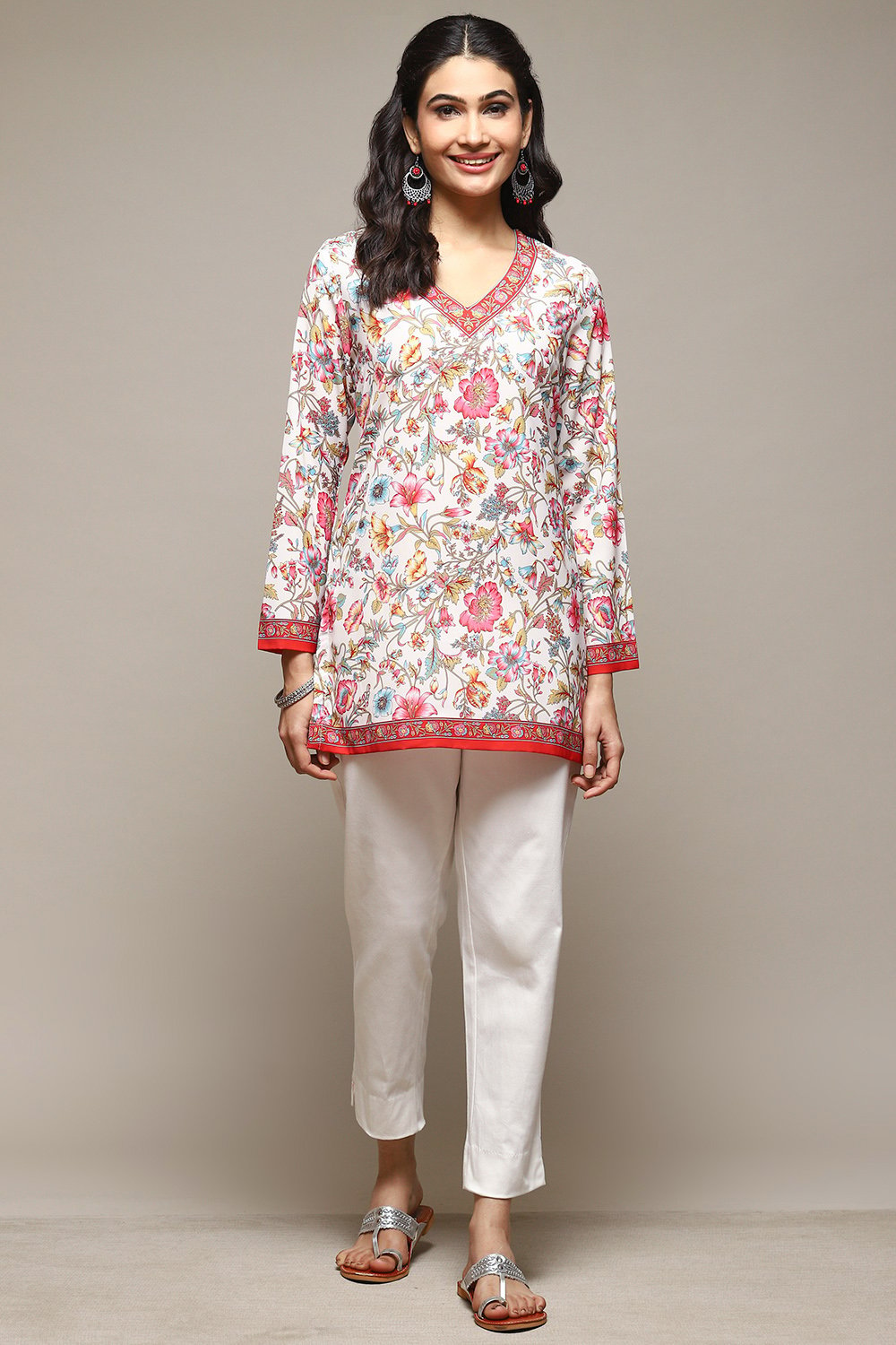 Off White Cotton Blend Printed Kurti image number 0