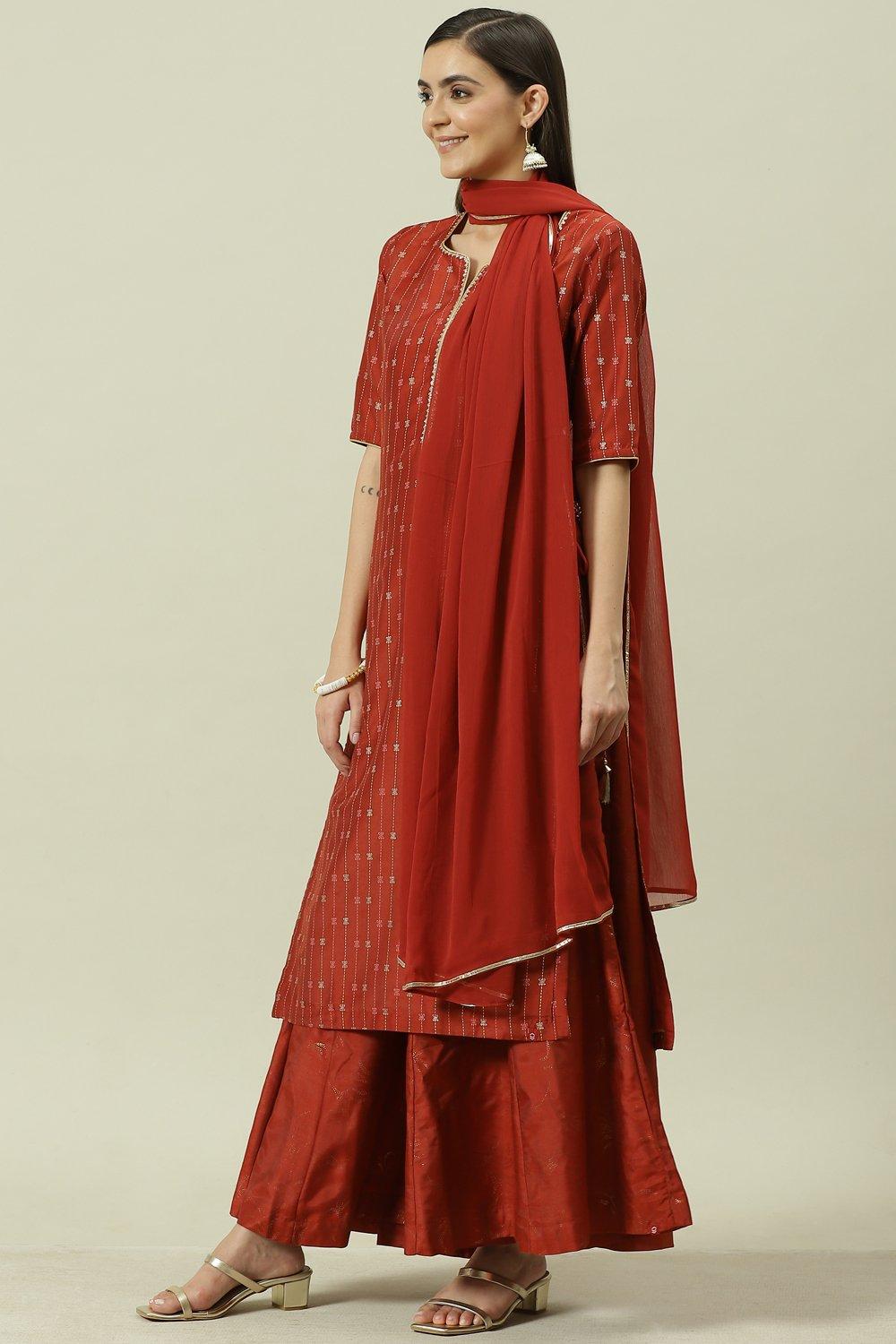 Terracotta Printed Straight Kurta Sharara Suit Set image number 5