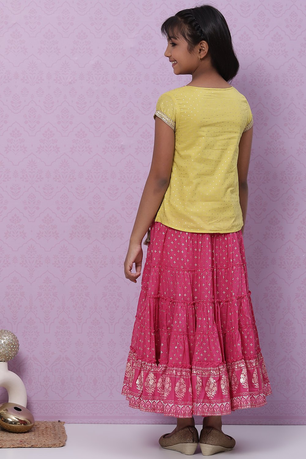 Lime Green And Pink Cotton Straight Kurta Skirt Suit Set image number 4