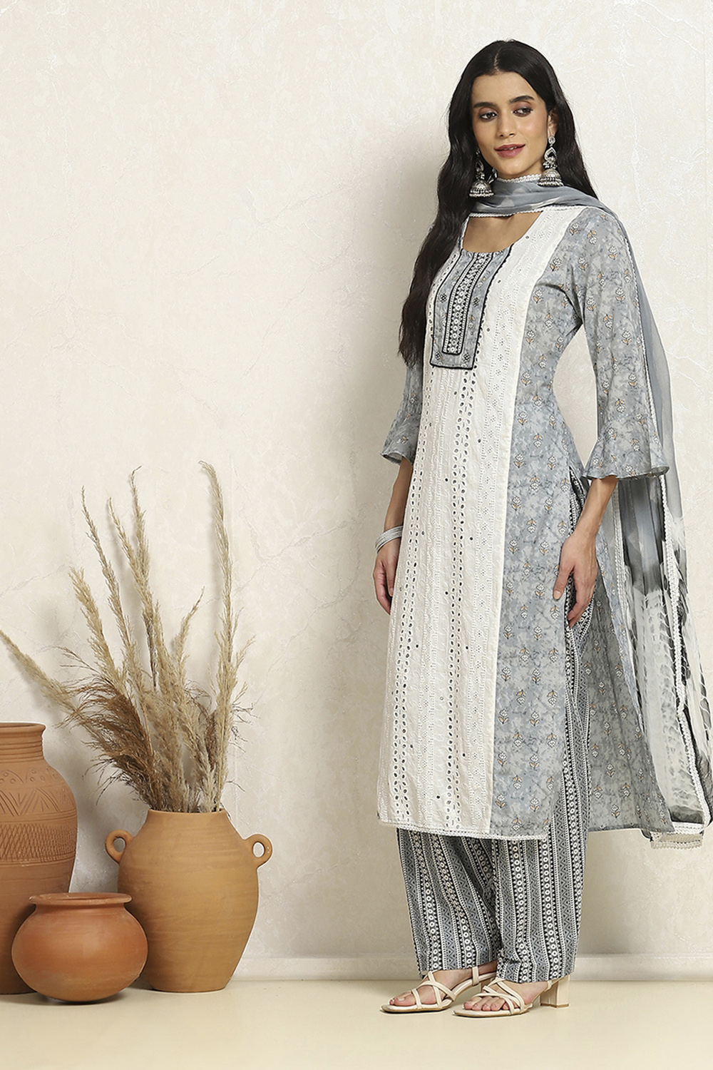 White and Slate Grey Cotton Schiffli Unstitched Suit Set image number 4