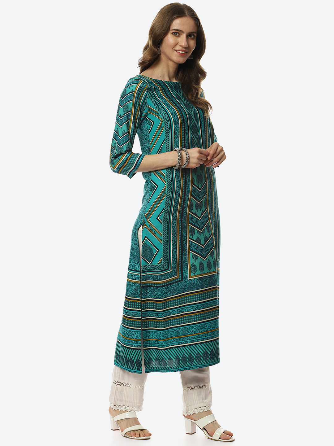 Green & Turquoise Rayon Straight Printed Kurta image number 3