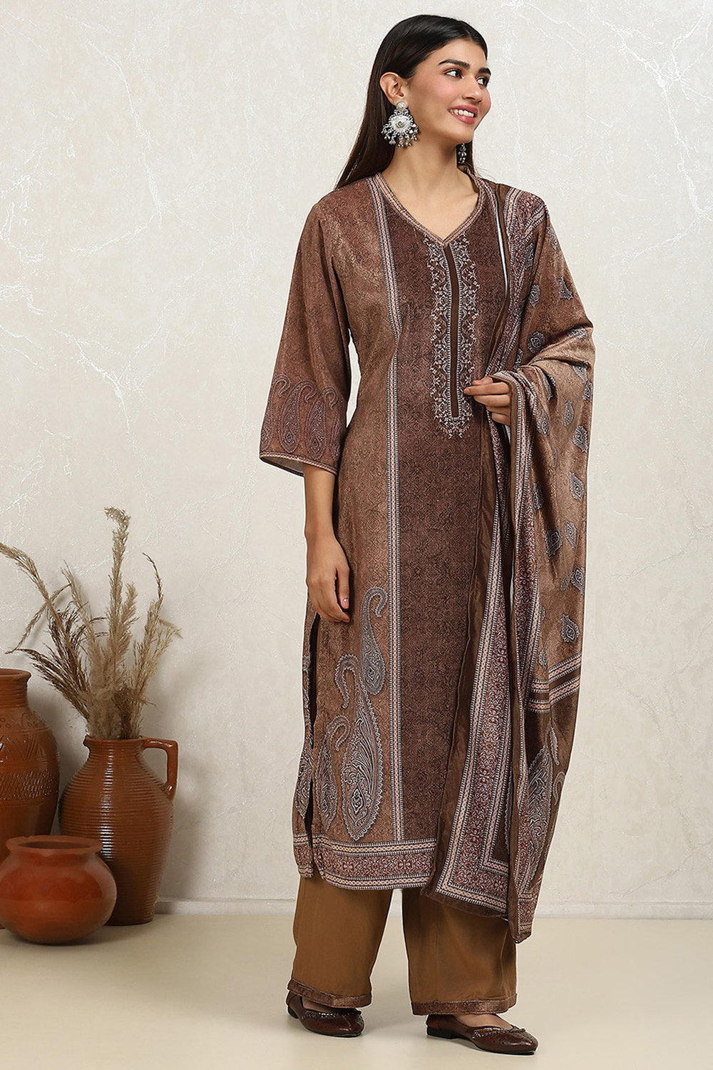 Brown Velvet Digital Print Unstitched Suit Set image number 6