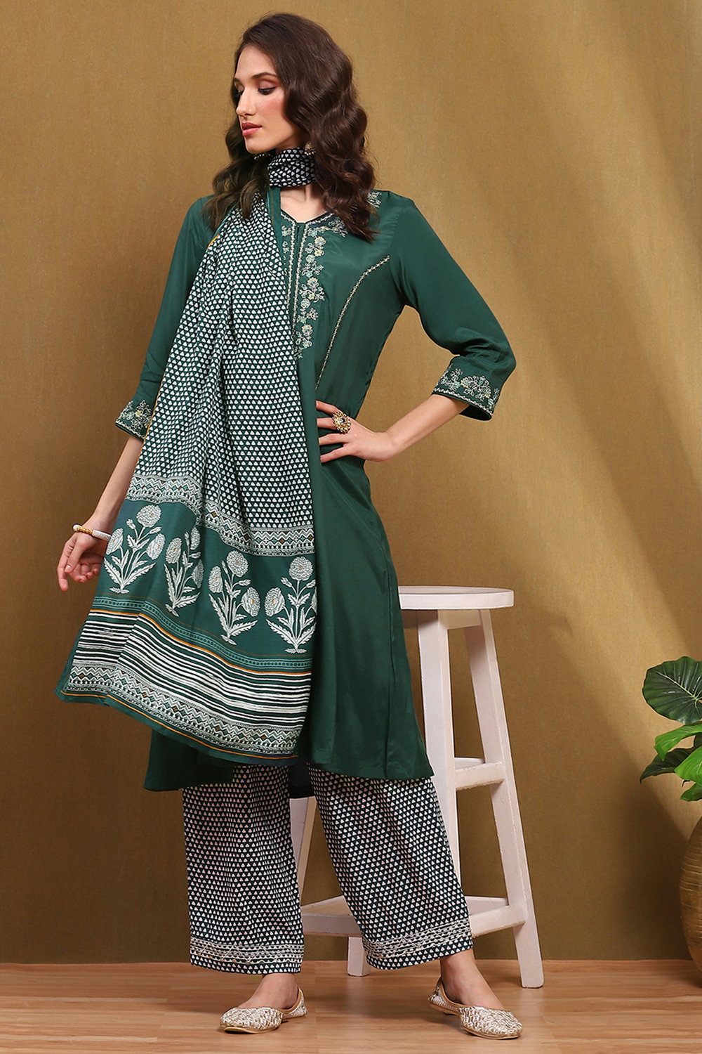 Green Modal Embroidered Festive Kalidar Suit Set image number 0