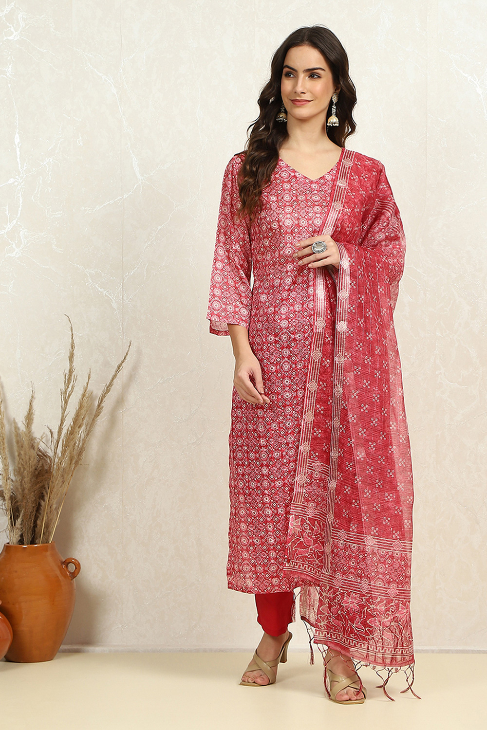 Pink Cotton Floral Printed Unstitched Suit Set image number 7