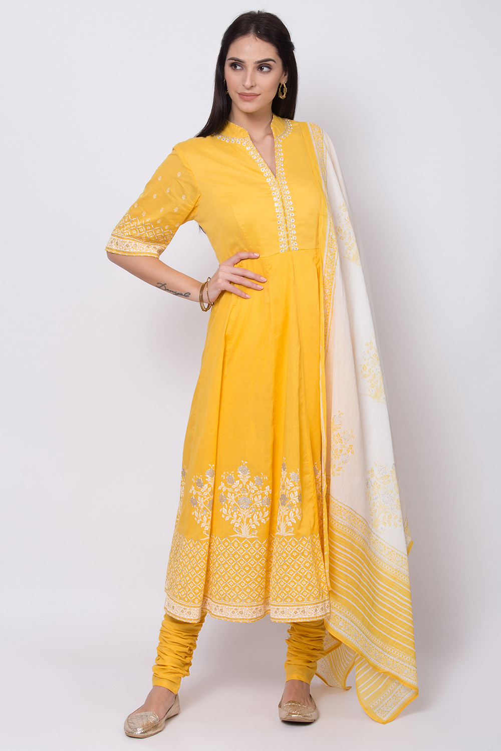 Yellow Cotton Anarkali Kurta Churidar Suit Set image number 0