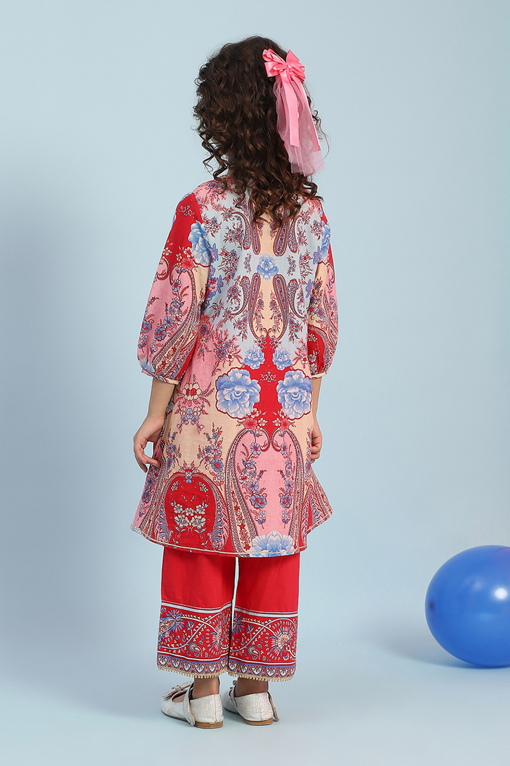 Pink and Blue Cotton Printed A-Line Kurta Set image number 4