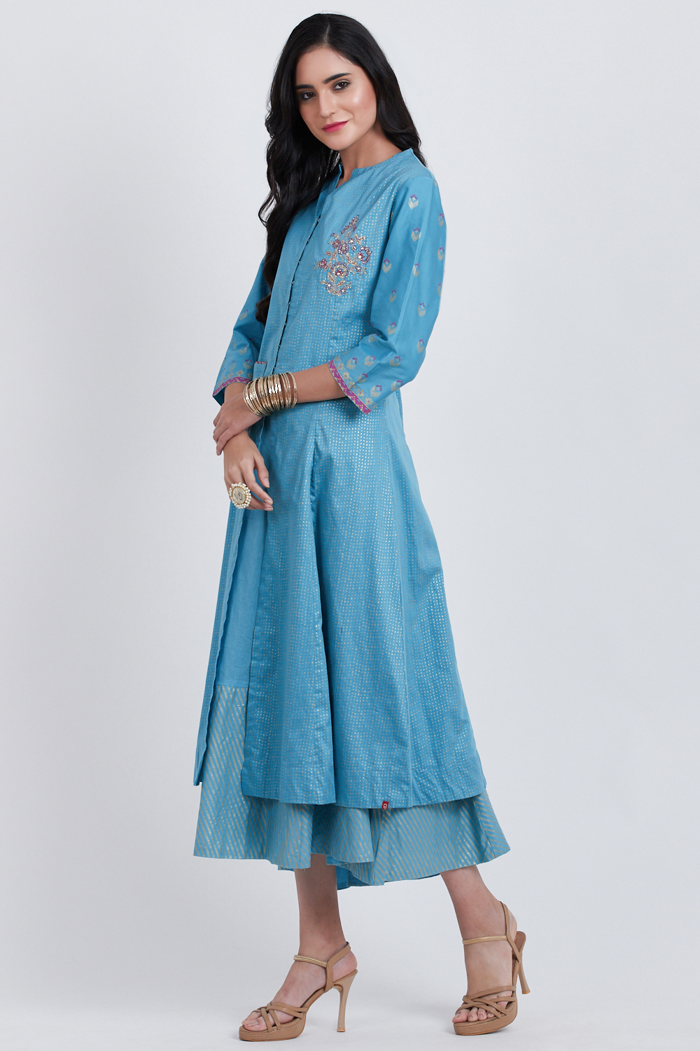 Blue Cotton Front Open Printed Kurta image number 2