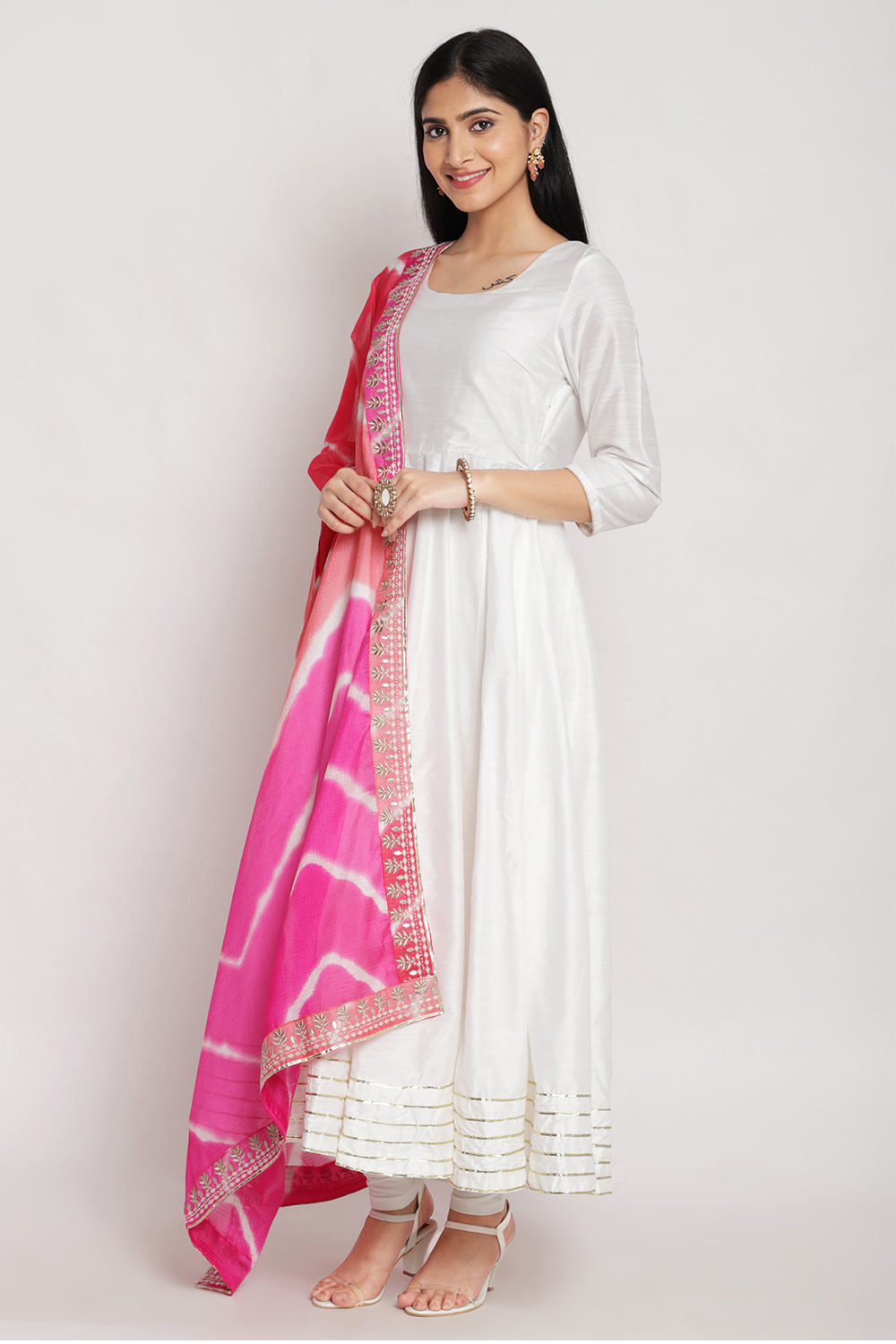 White Art Silk Anarkali Kurta Churidar Suit Set image number 3