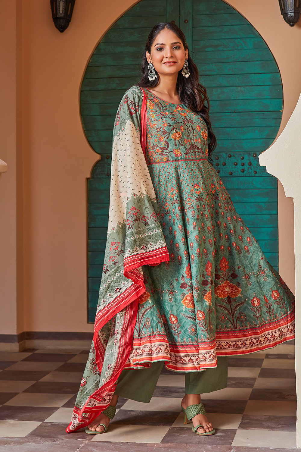 Sage Green Cotton Anarkali Printed Kurta Palazzo Suit Set