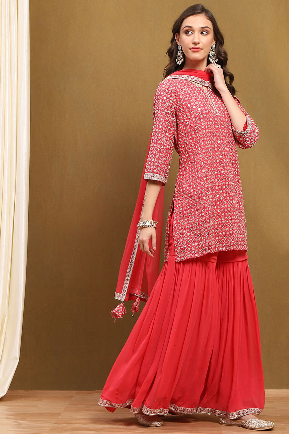 Coral Red Viscose Georgette Festive Straight Suit Set image number 5