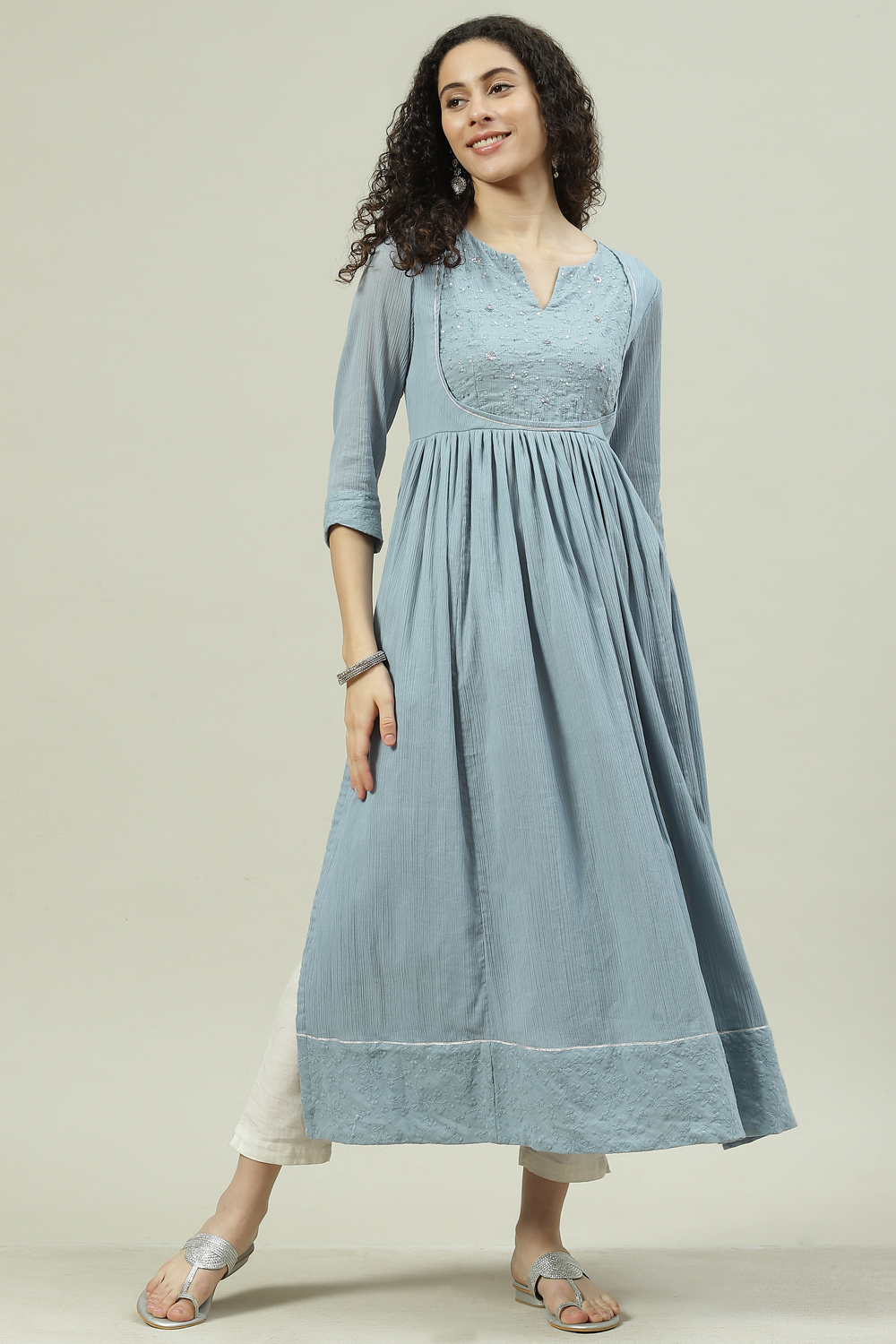 Blue Cotton Flared Solid Kurta Dress image number 0