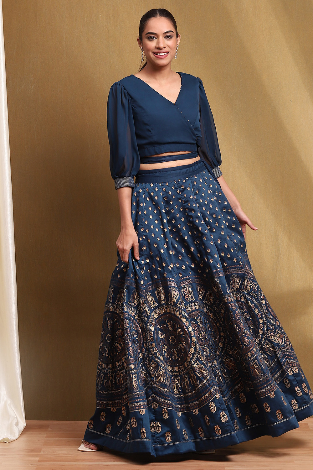 Blue Printed Fusion Lehenga Set image number 6