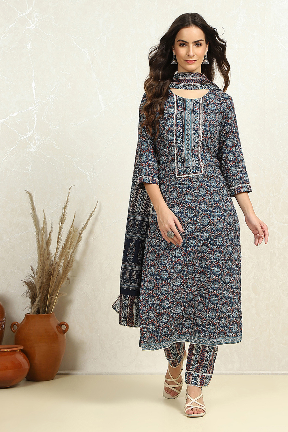 Green Cotton Printed Embroidered Unstitched Suit Set image number 1