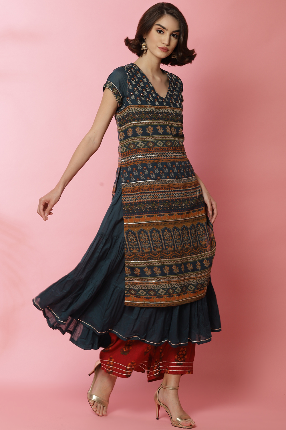 Rust Art Silk Double Layered Kurta image number 4