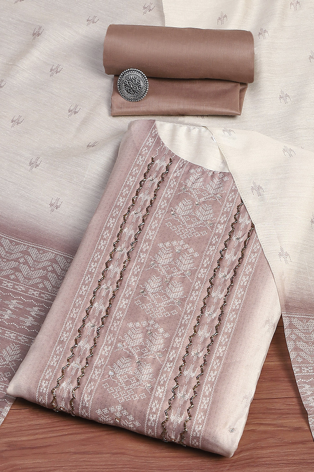 Grey and Off-White Chanderi Woven Unstitched Suit Set image number 0