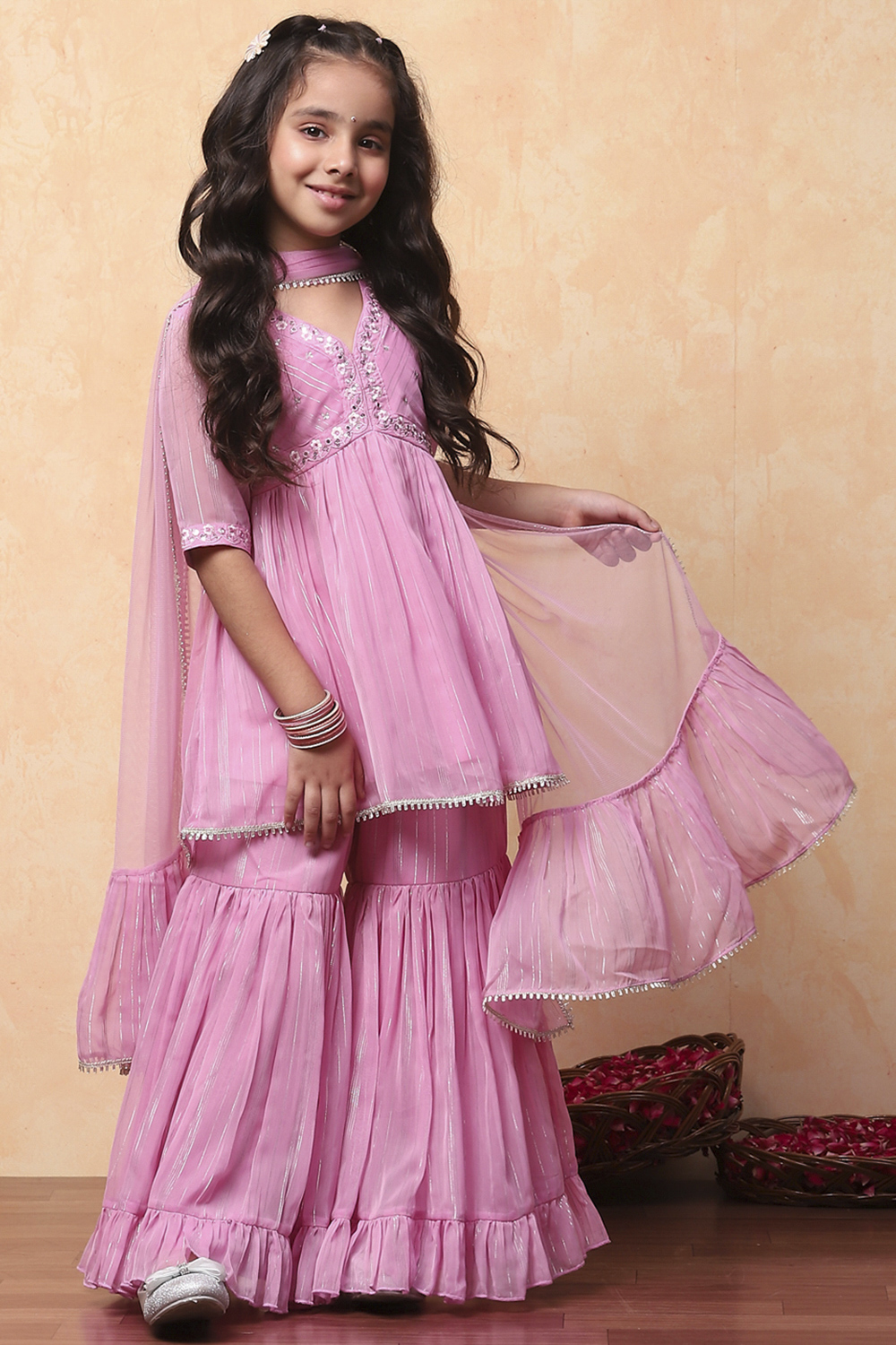 Pink Chiffon Printed Gathered Festive Flared Suit Set image number 6