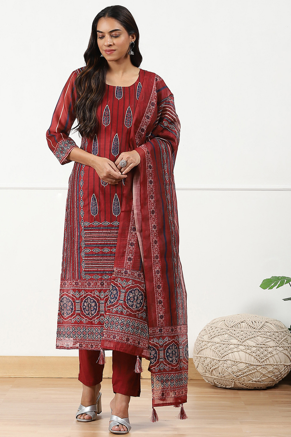 Maroon Chanderi Printed Embroidered Unstitched Suit Set image number 1