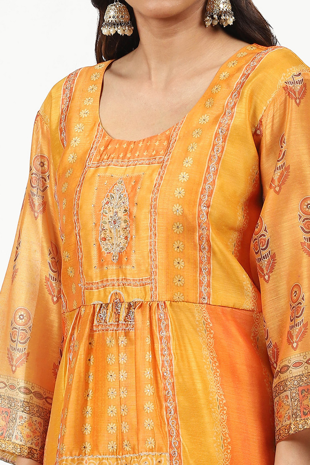 Yellow Chanderi Printed  Embroidered Unstitched Suit Set image number 4