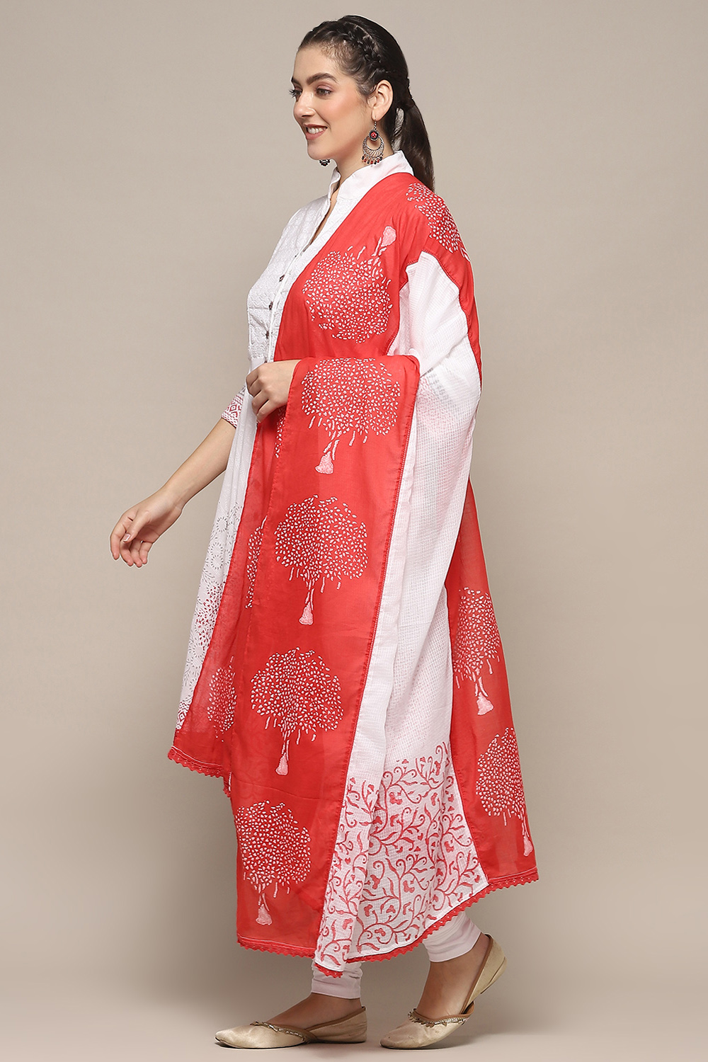 White Red Cotton Asymmetric Solid Kurta Churidar Suit Set image number 4