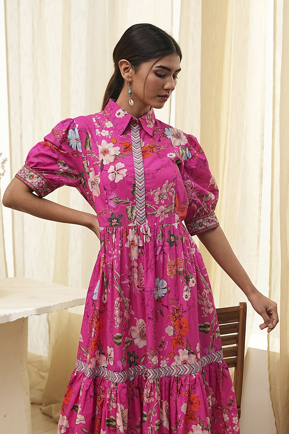 Pink Cotton Floral Printed Tiered Dress image number 7