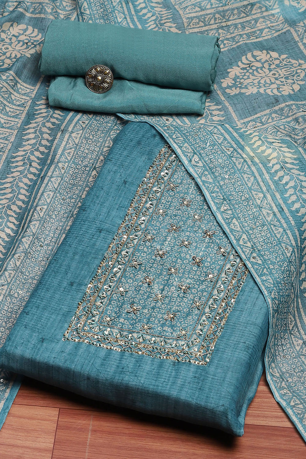 Blue Chanderi Hand Embroidered Unstitched Suit Set image number 0