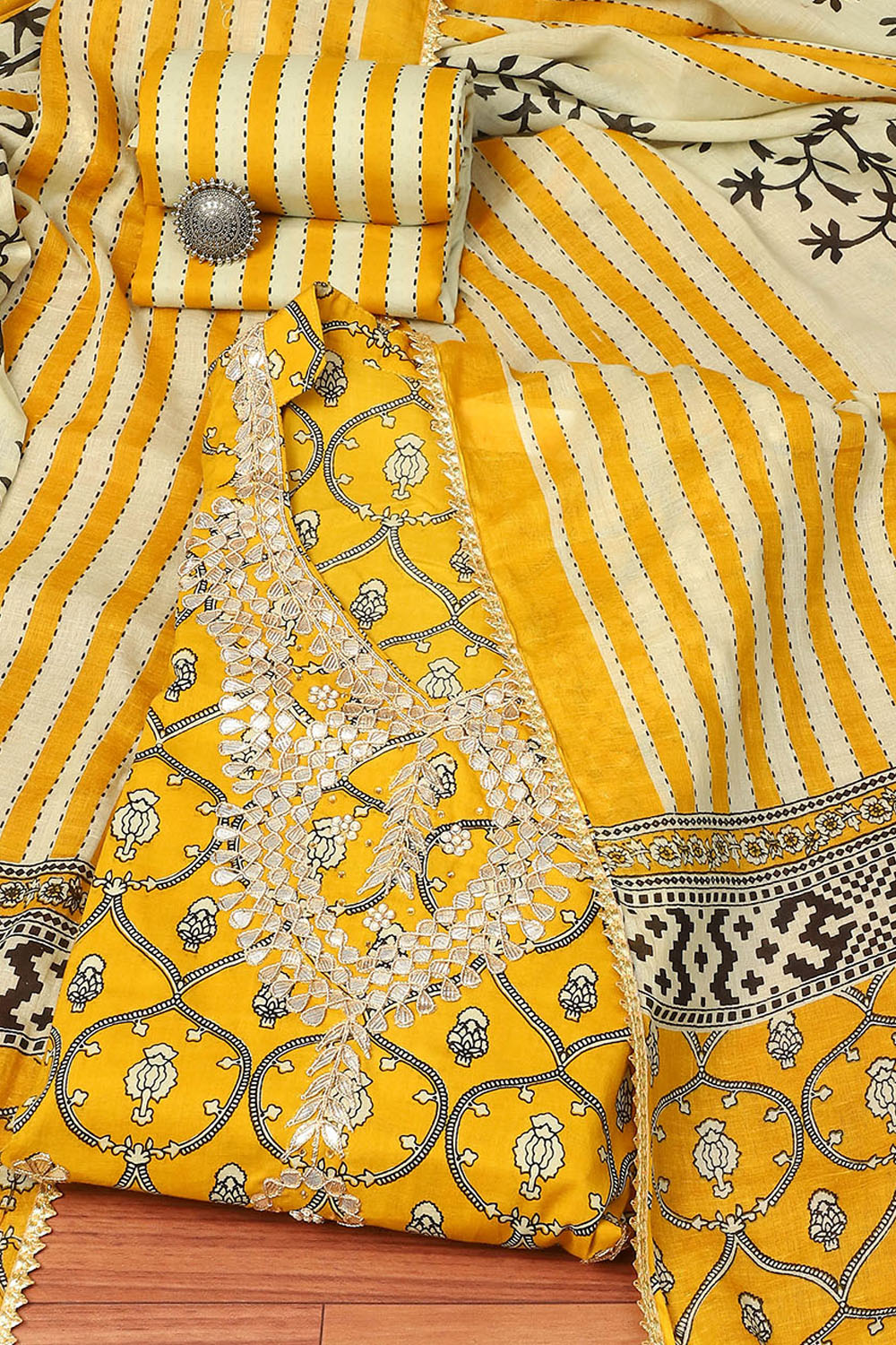 Mustard Cotton Hand Block Print Unstitched Suit Set image number 0