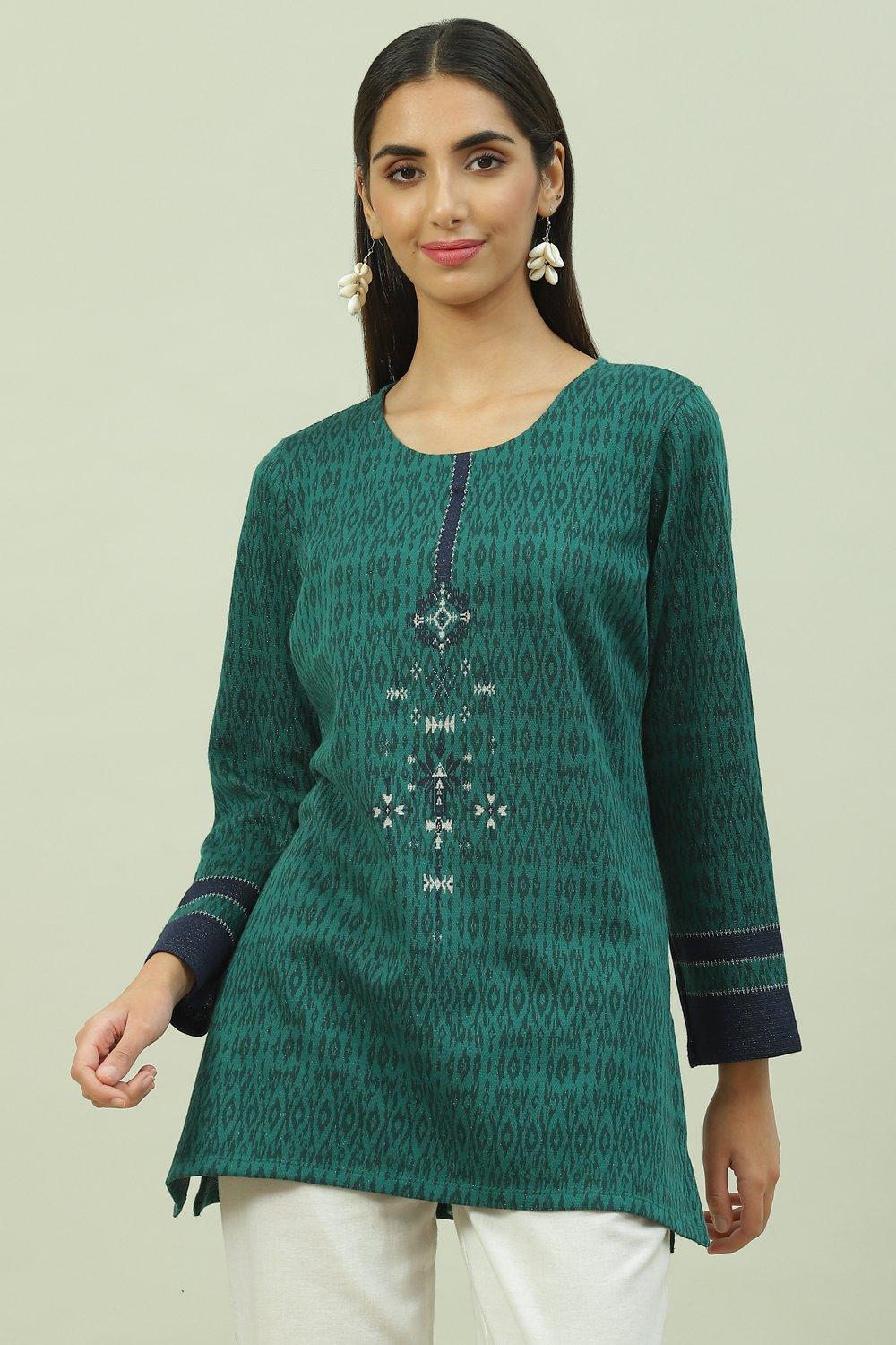 Green Poly Metallic Straight Printed Kurti image number 0