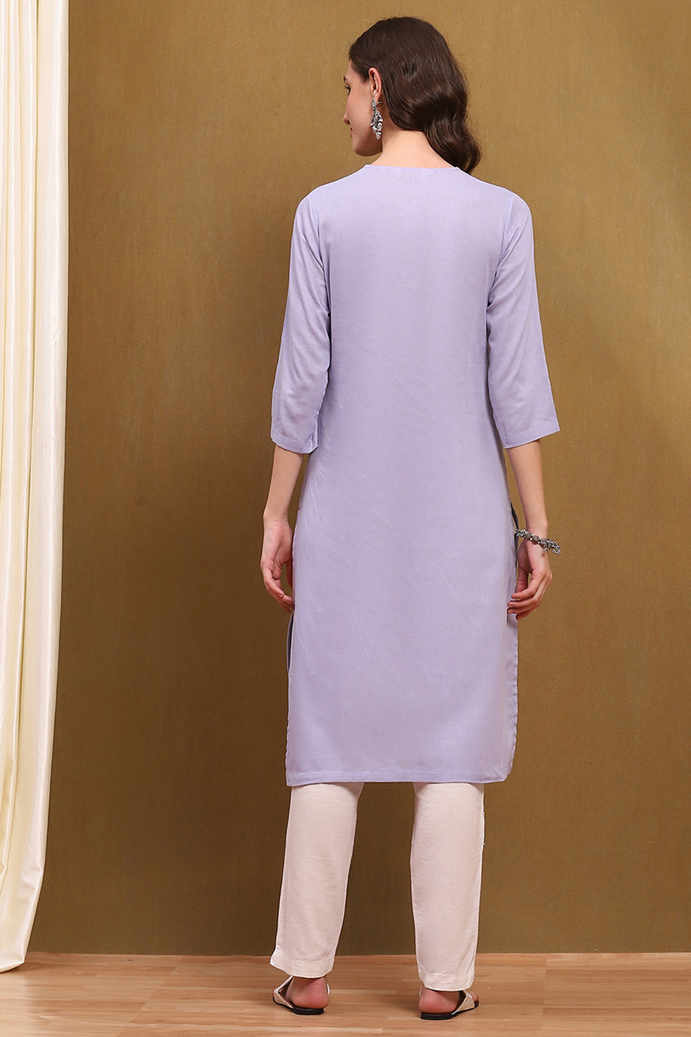 Peach-Coloured Cotton Blend Solid Straight Kurta image number 3