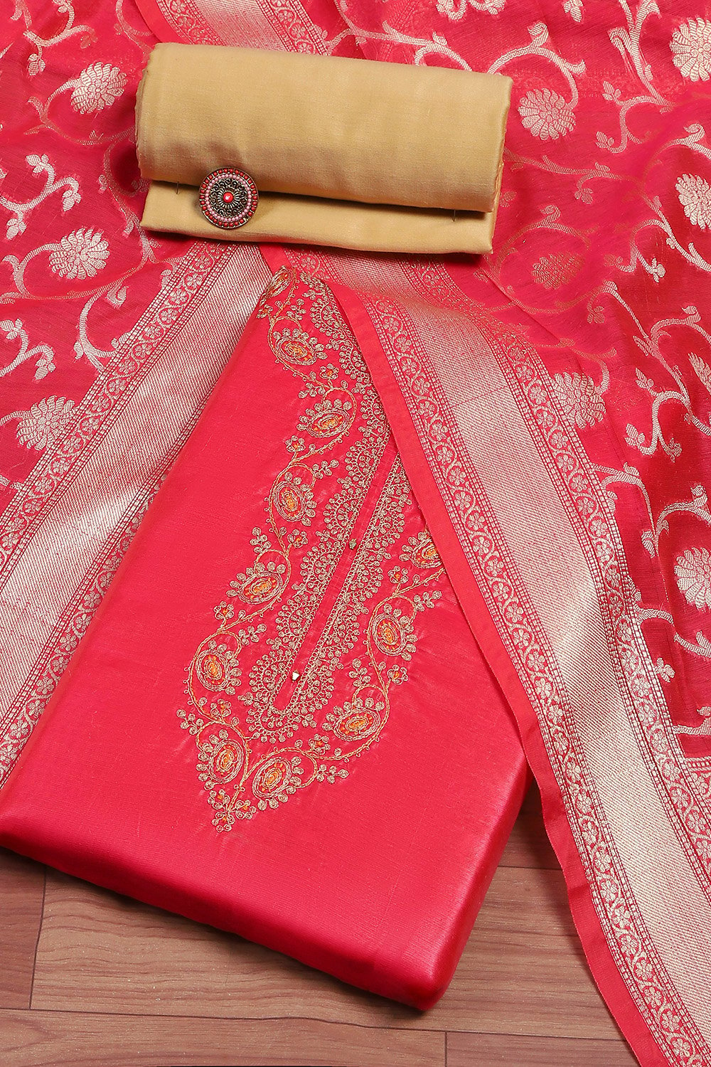 Fuchsia Chanderi Machine Embroidered Unstitched Suit Set image number 0