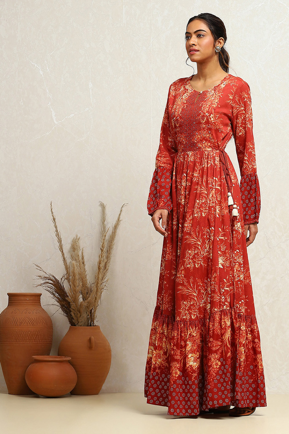 Rust Floral Printed Tiered Flared Dress image number 2