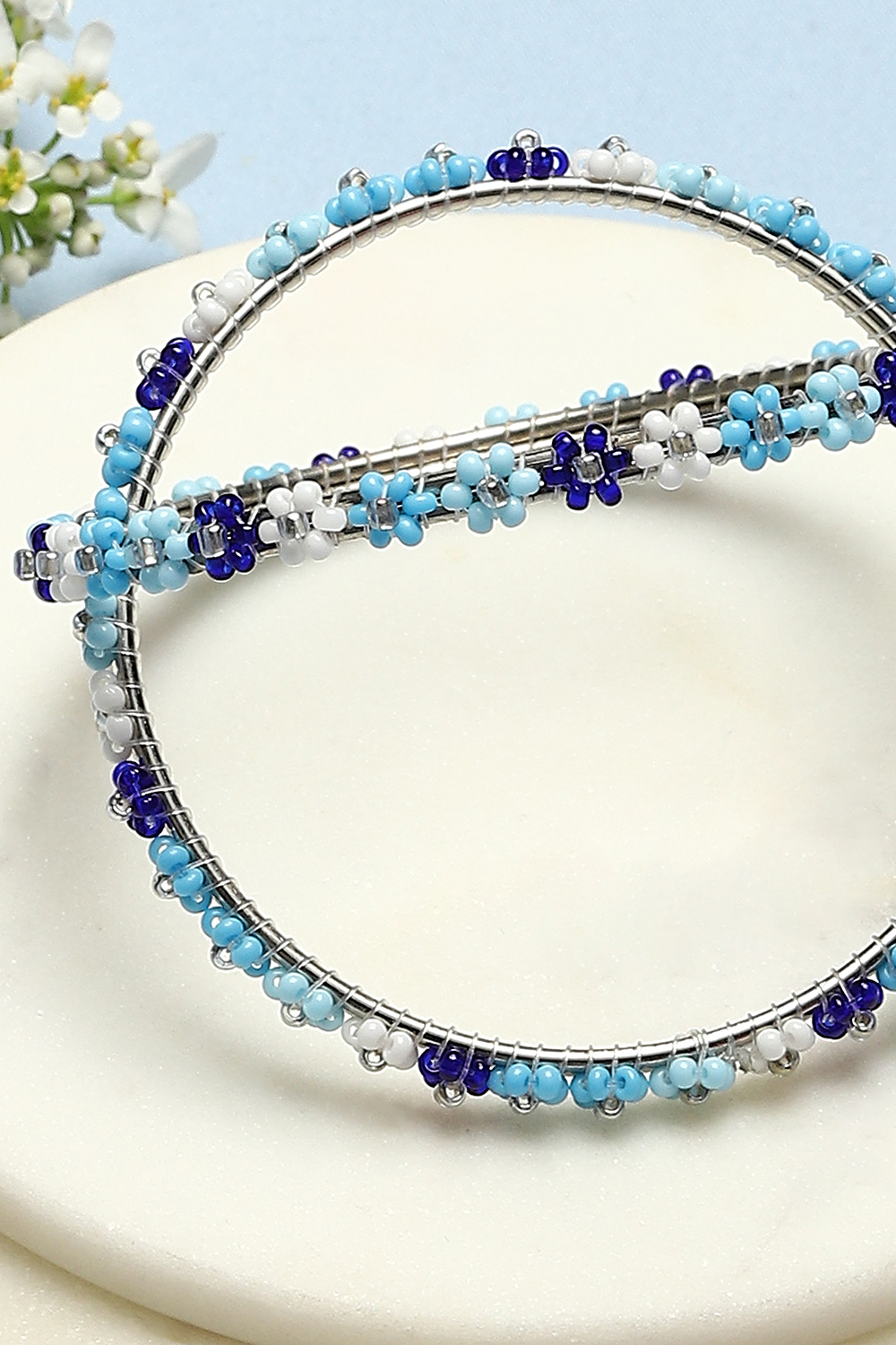 Blue & White Metal And Beads Bangles image number 1