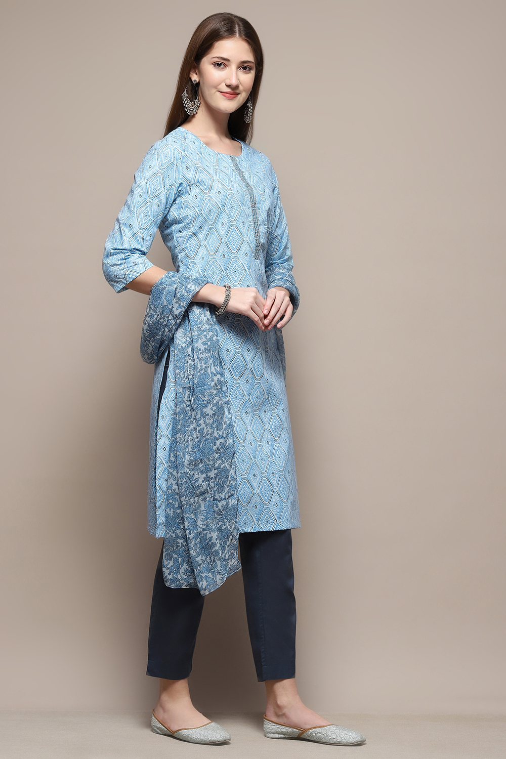 Marine Blue Printed Cotton Straight Suit Set image number 7