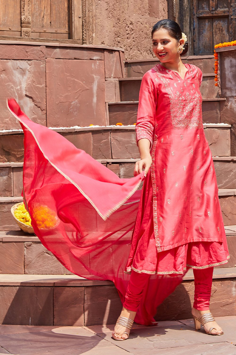 Coral Cotton Blend Layered Kurta Churidar Suit Set image number 0