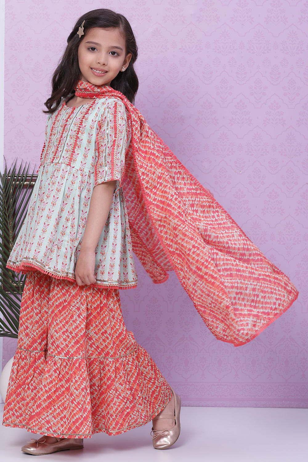 Aqua & Coral Cotton A-Line Kurta Garara Suit Set image number 5