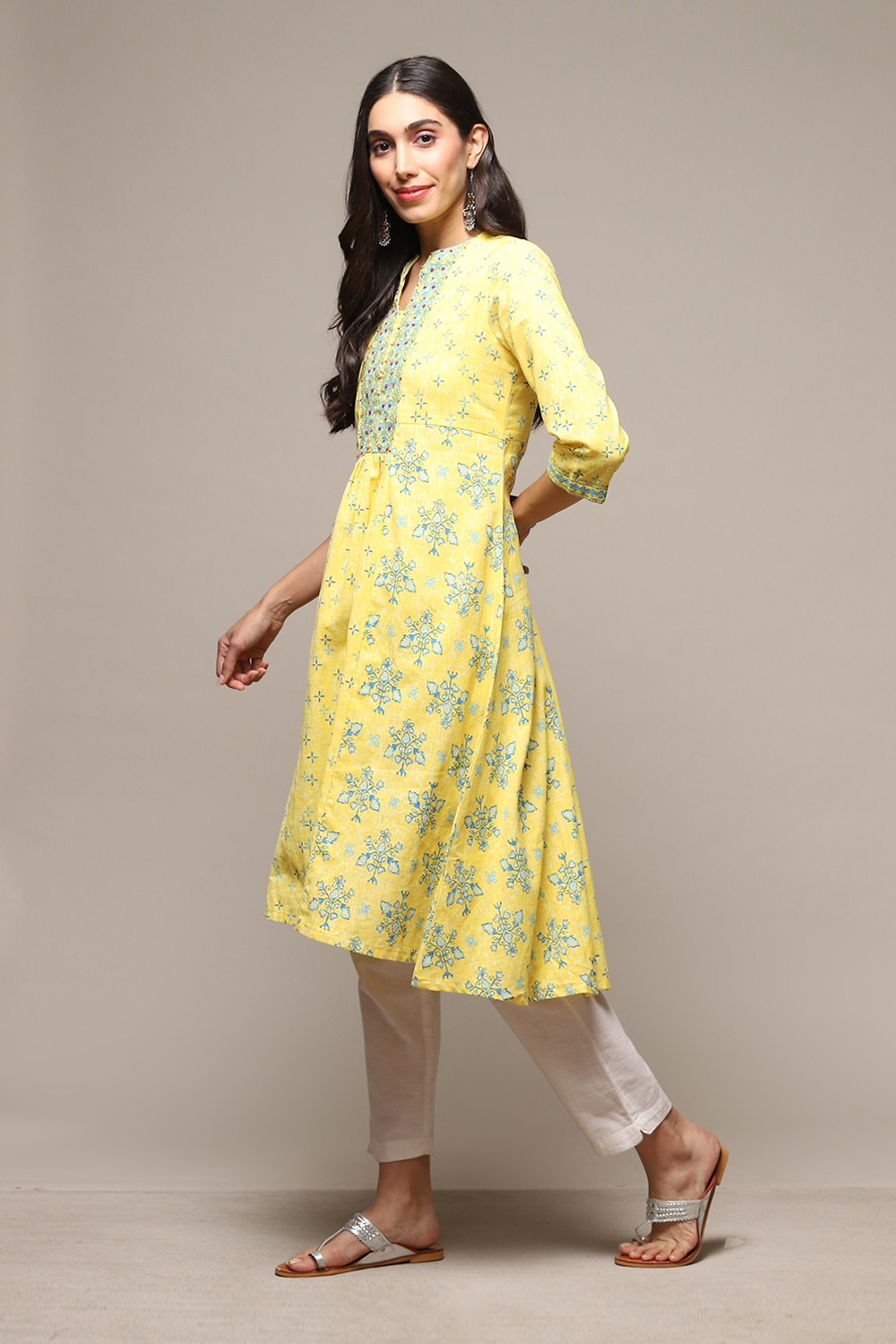 Marine Blue Cotton Blend A-Line Printed Kurta image number 2