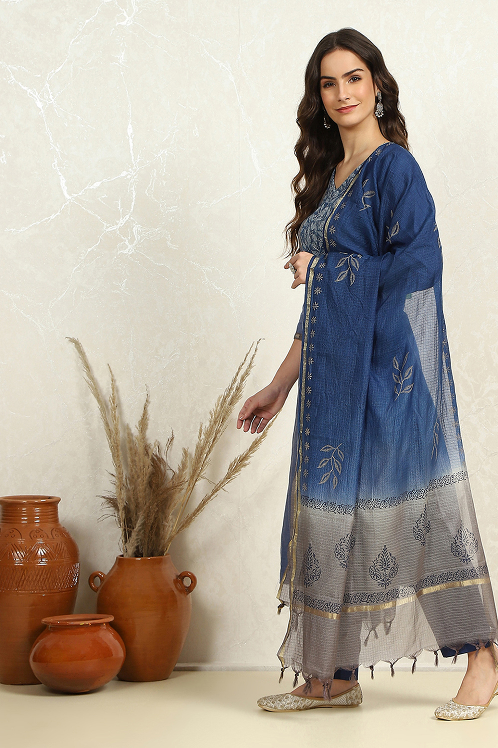 Dark Blue Flex Cotton Handloom Unstitched Suit Set image number 4