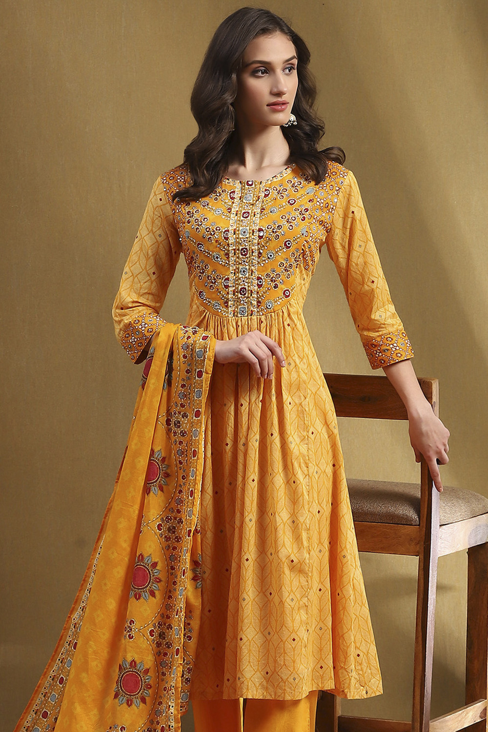 Mustard Yellow Cotton Printed Flared Festive Suit Set image number 6