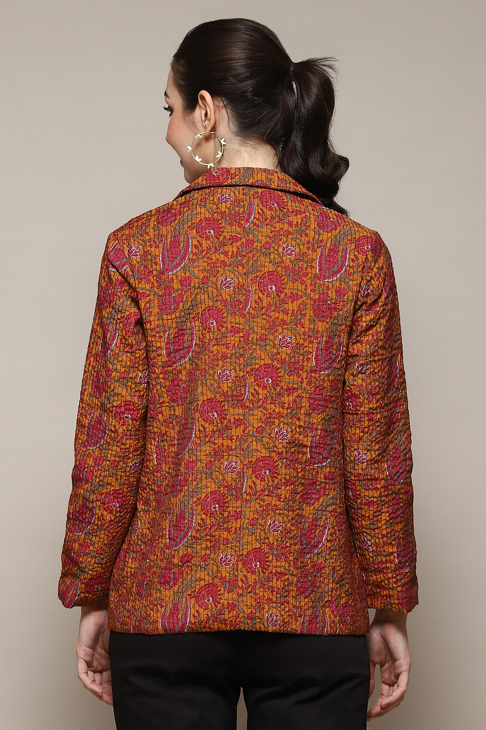 Mustard Poly Viscose Straight Printed Jacket image number 4