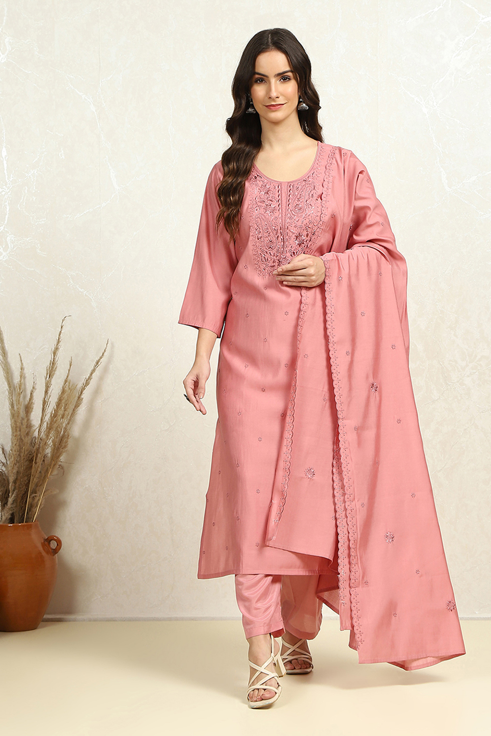 Pink Silk Blend Embroidered Unstitched Suit Set image number 7