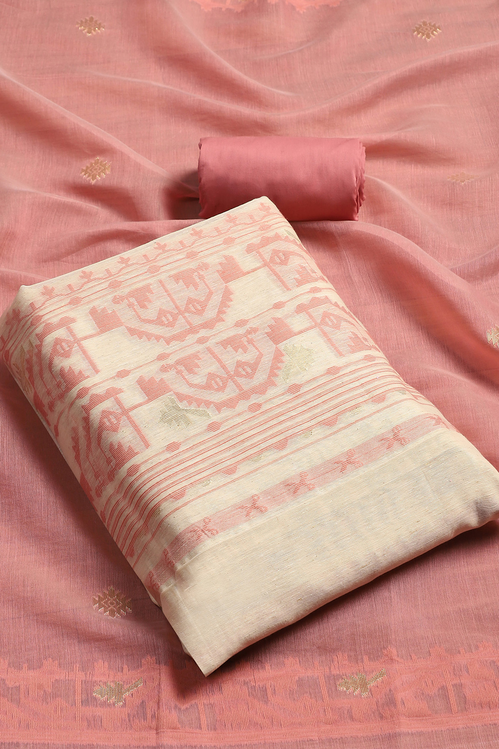 Pink Chanderi Handloom Unstitched Suit Set image number 1