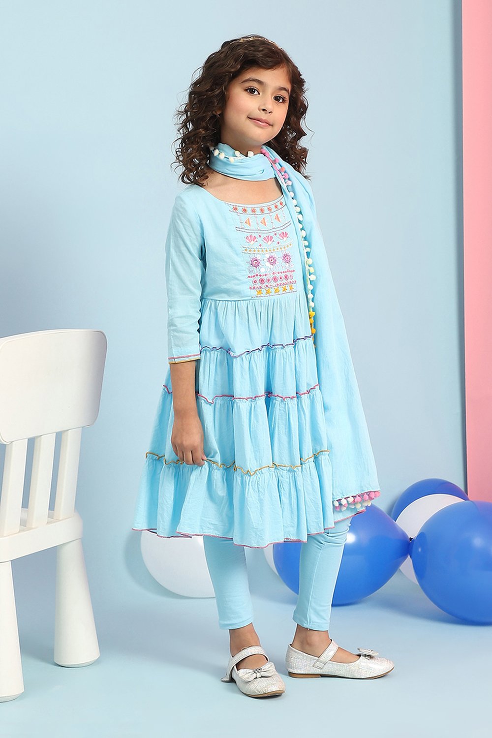 Blue Cotton Tiered Kurta Churidar Suit Set image number 5