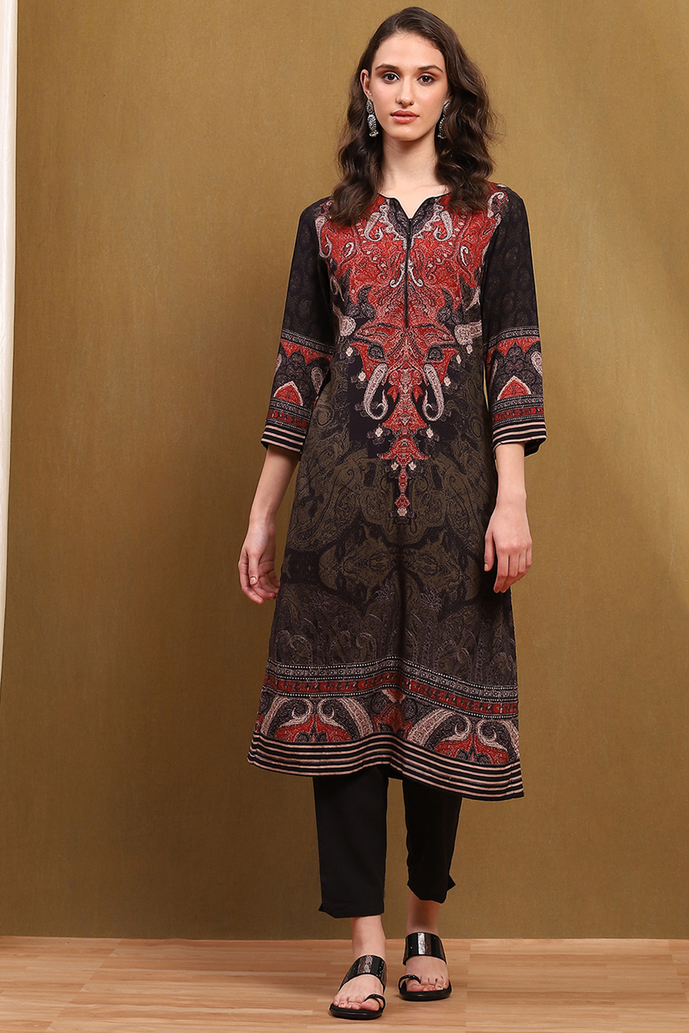 Black Hand-Block Printed Straight Kurta image number 5