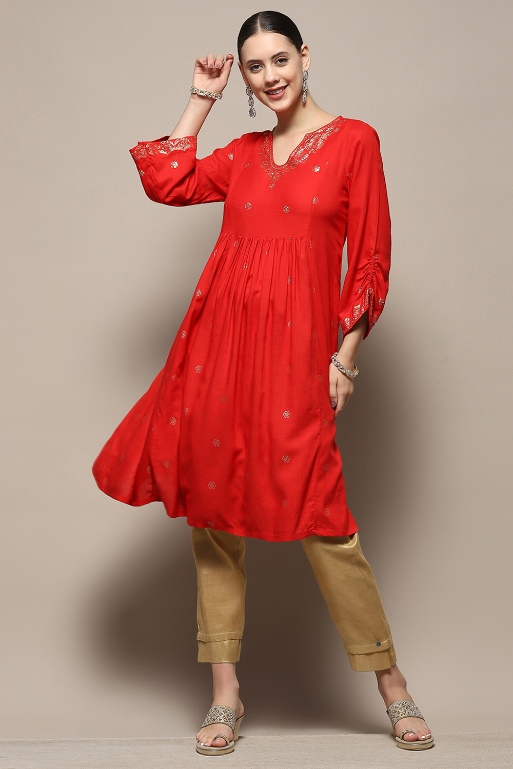 Red Foil Printed Gathered A-Line Kurta image number 0